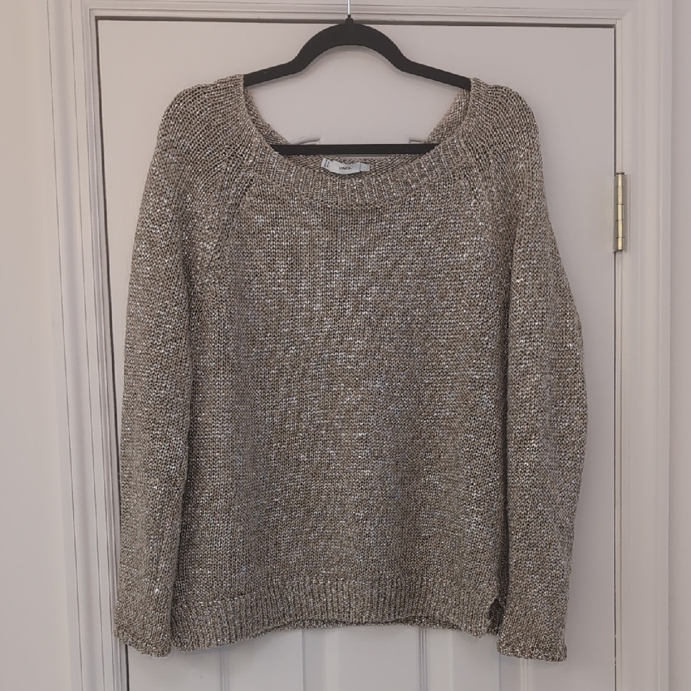Vince Linen Blend Tan And Silver Metallic Crew Neck Sweater Relaxed Fit Small - Picture 1 of 9
